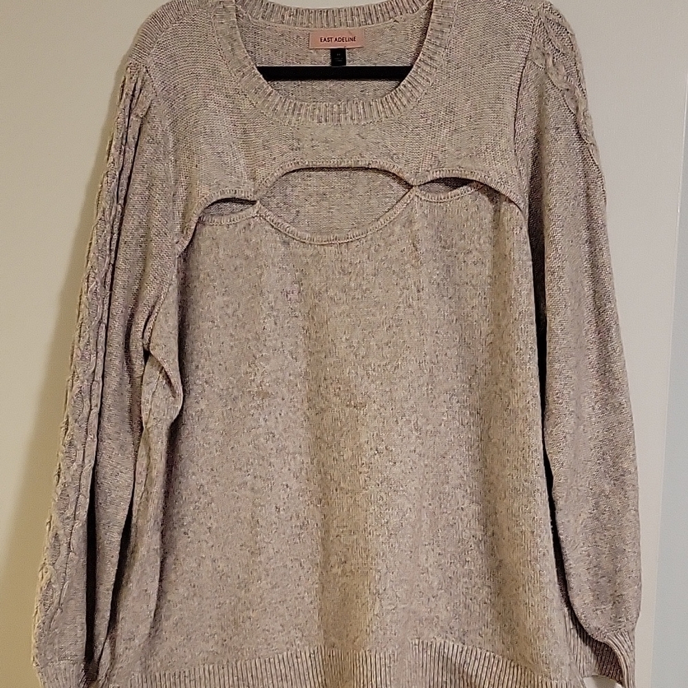 Cream Crew Neck Sweater with Cozy Knit and Unique Chest Detail